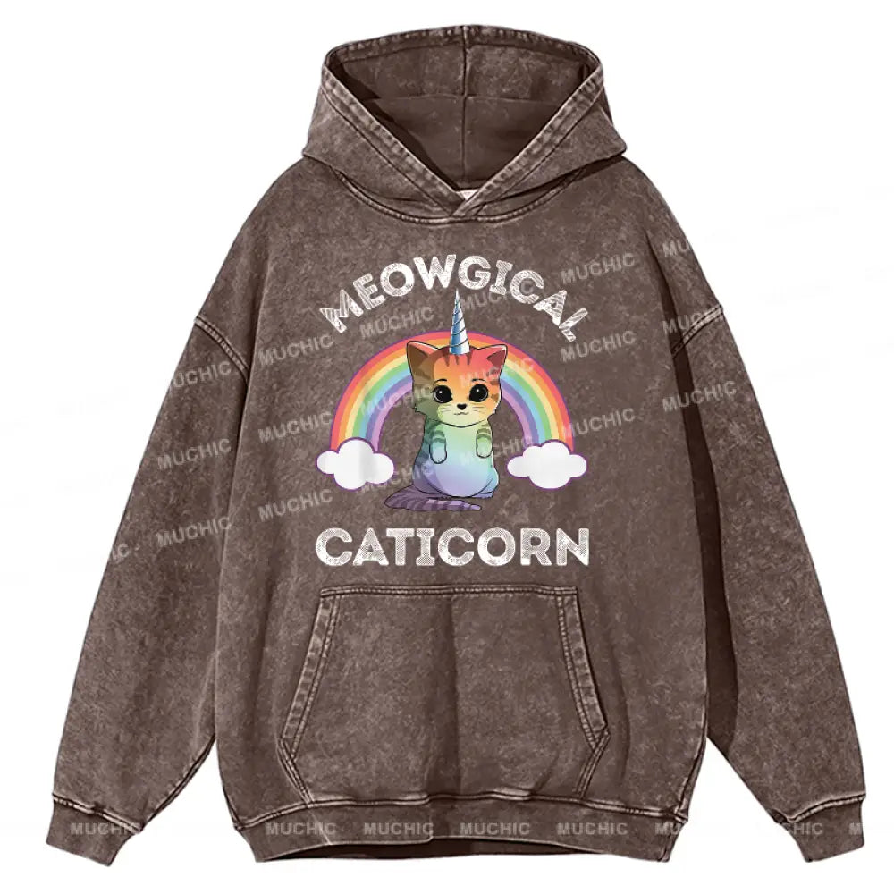 Cat Meowgical Caticorn Unisex Printed Casual Washed Hoodie Sweatshirt Peru / M