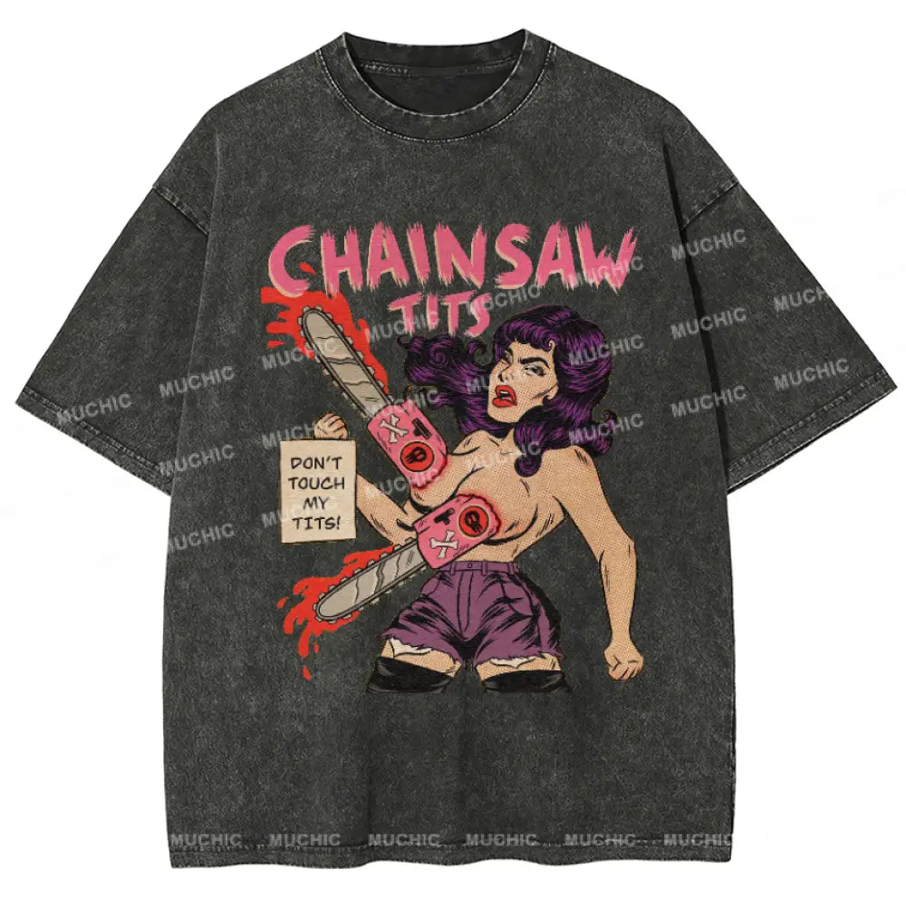 Muchic Chainsaw Tits Vintage Snowflake Washed T-Shirt Black / S T-Shirts