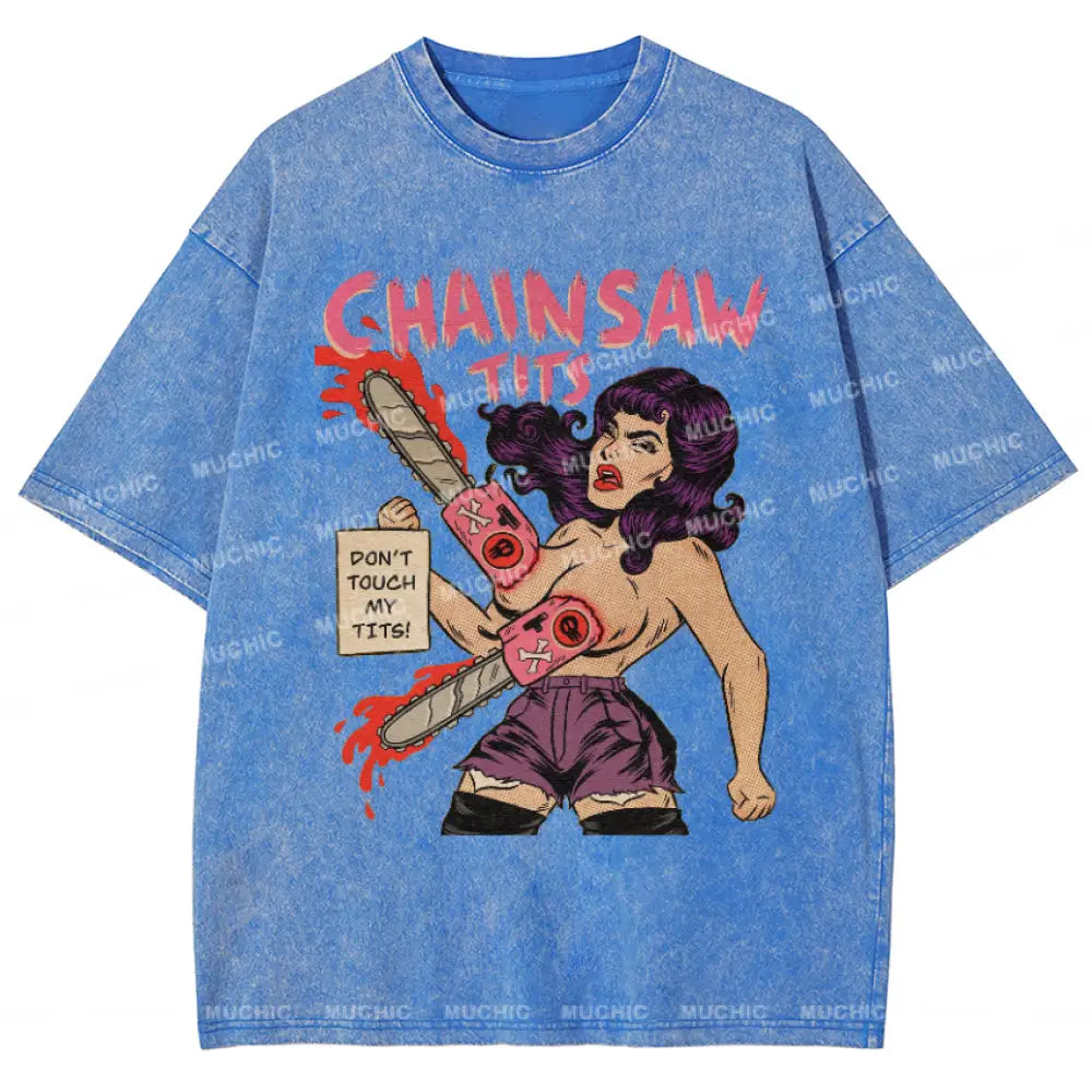 Muchic Chainsaw Tits Vintage Snowflake Washed T-Shirt Blue / S T-Shirts