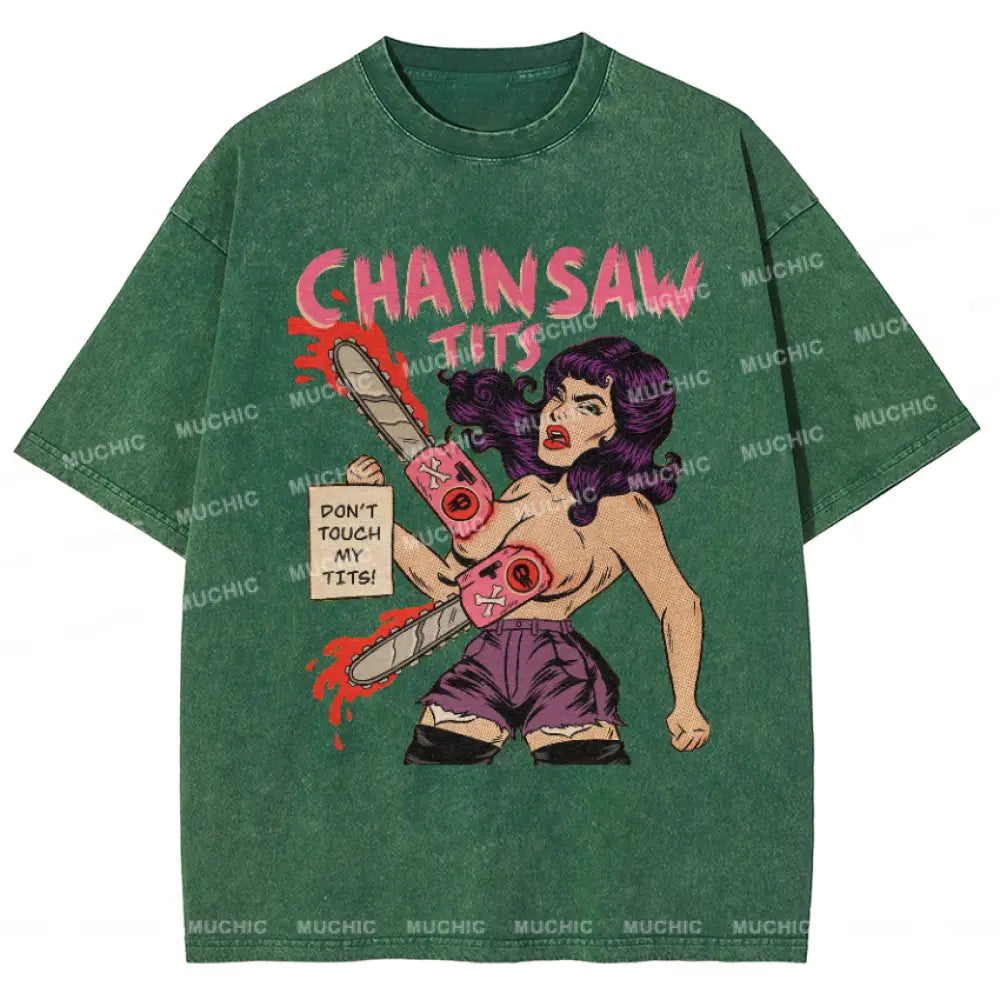 Muchic Chainsaw Tits Vintage Snowflake Washed T-Shirt Green / S T-Shirts