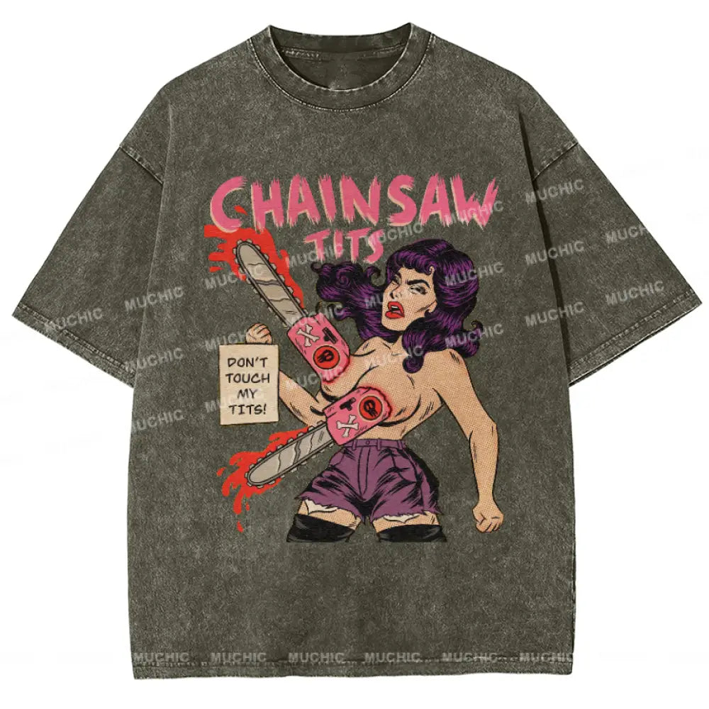 Muchic Chainsaw Tits Vintage Snowflake Washed T-Shirt Grey / S T-Shirts