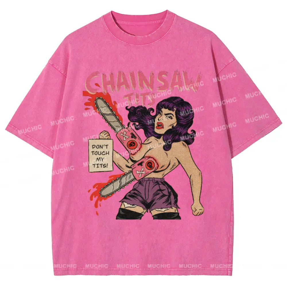 Muchic Chainsaw Tits Vintage Snowflake Washed T-Shirt Hotpink / S T-Shirts