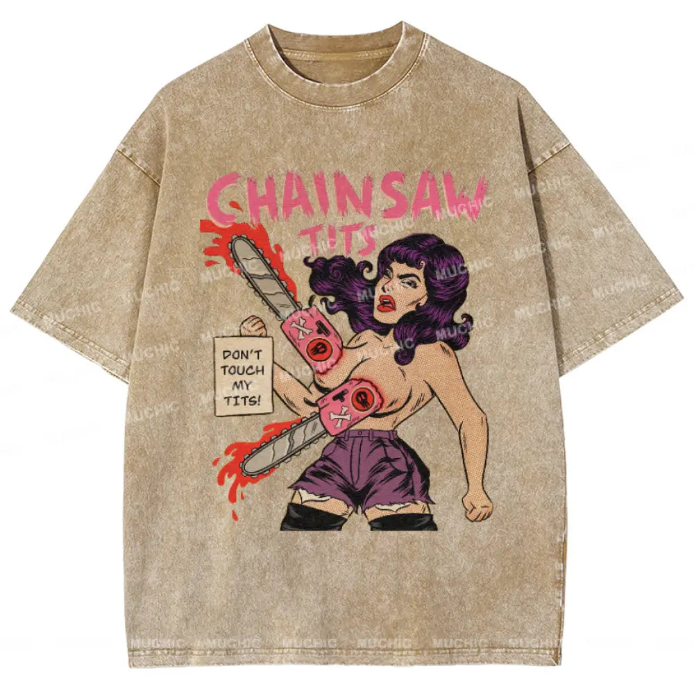 Muchic Chainsaw Tits Vintage Snowflake Washed T-Shirt Khaki / S T-Shirts