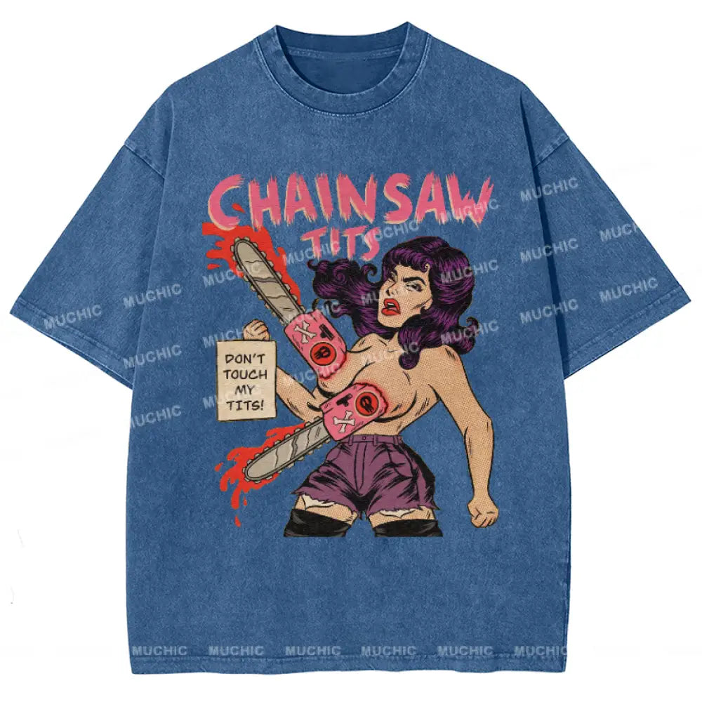 Muchic Chainsaw Tits Vintage Snowflake Washed T-Shirt Navy / S T-Shirts