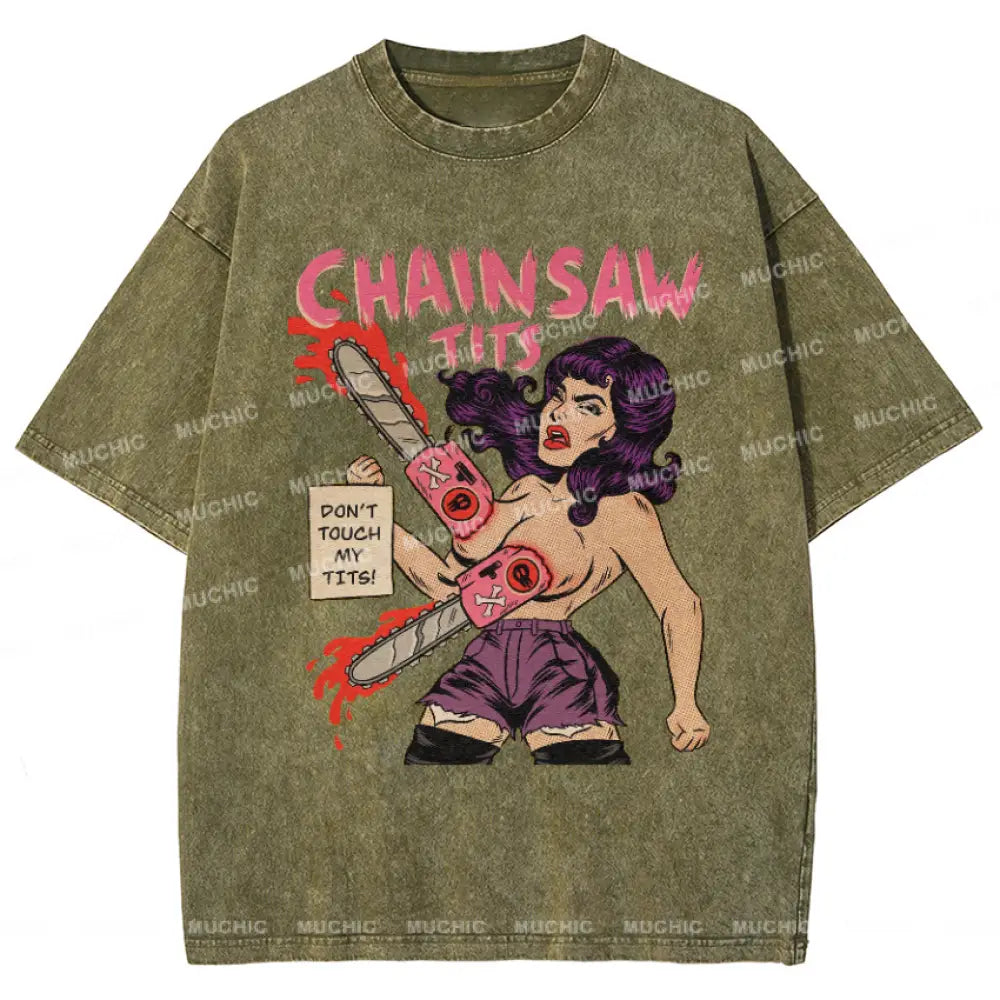 Muchic Chainsaw Tits Vintage Snowflake Washed T-Shirt Olive / S T-Shirts