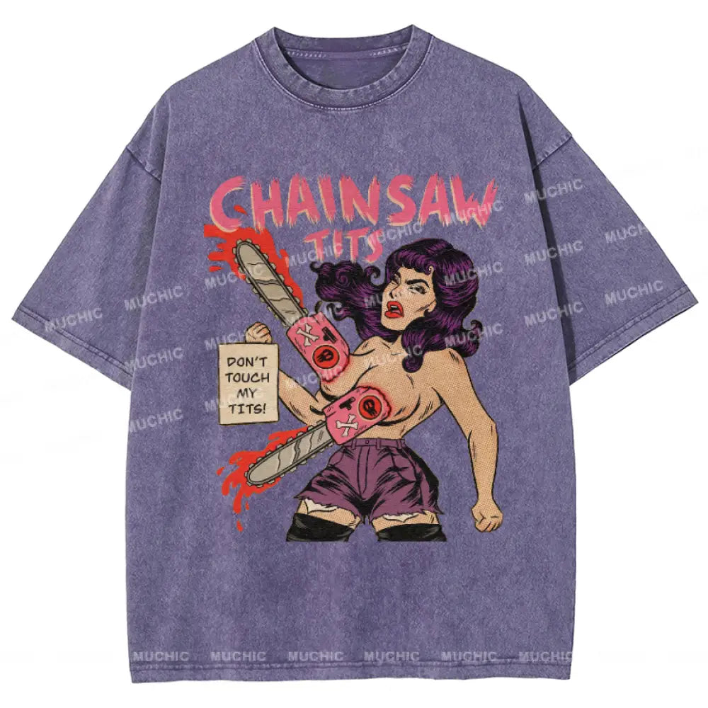 Muchic Chainsaw Tits Vintage Snowflake Washed T-Shirt Purple / S T-Shirts