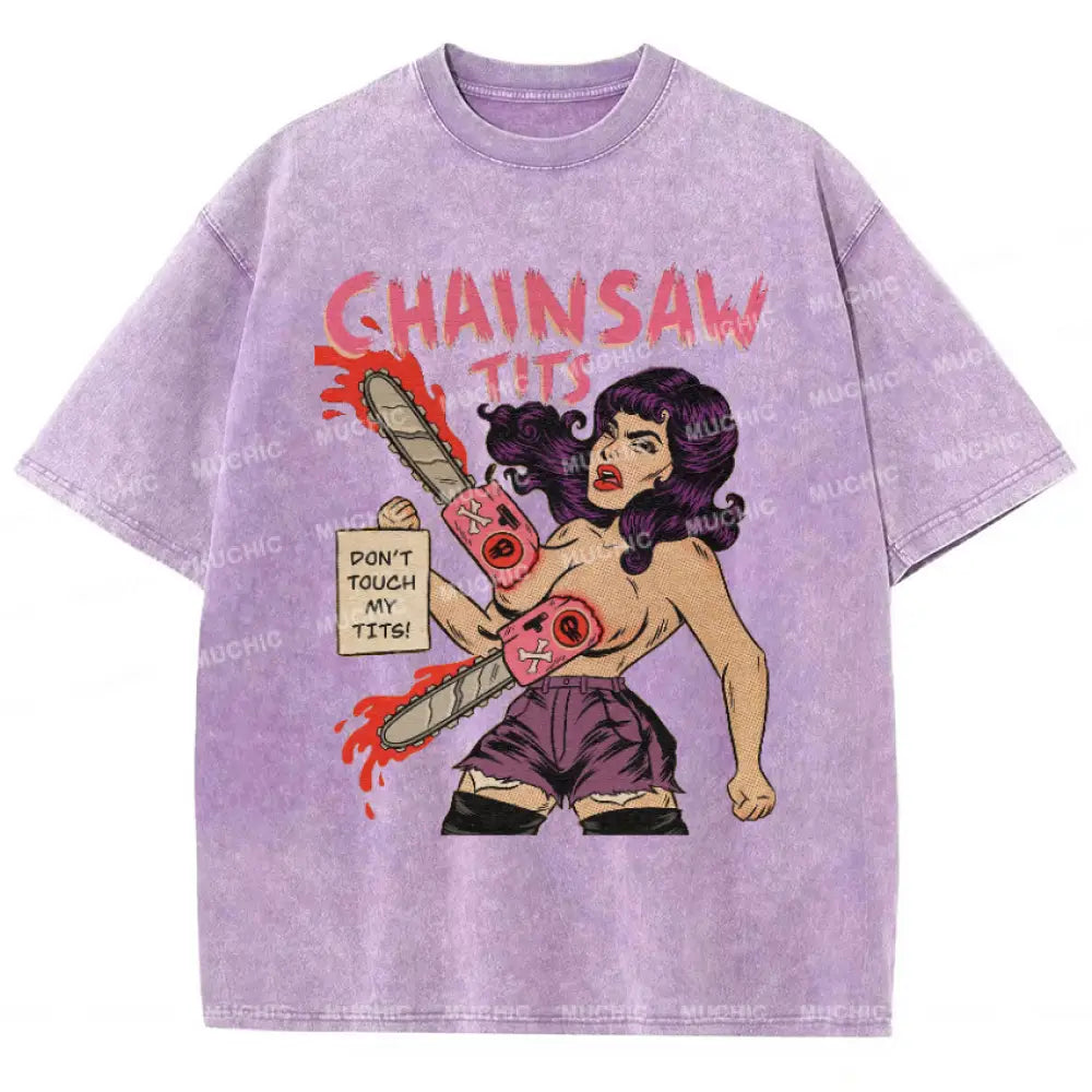 Muchic Chainsaw Tits Vintage Snowflake Washed T-Shirt Violet / S T-Shirts