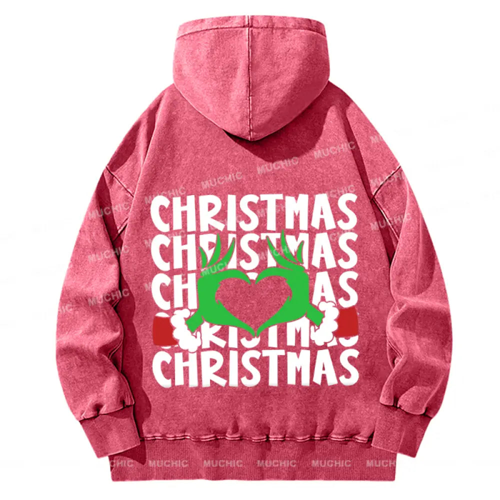 Muchic Christmas Back Printed Unisex Casual Washed Plush Thickening Hoodie Sweatshirt Hotpink / S