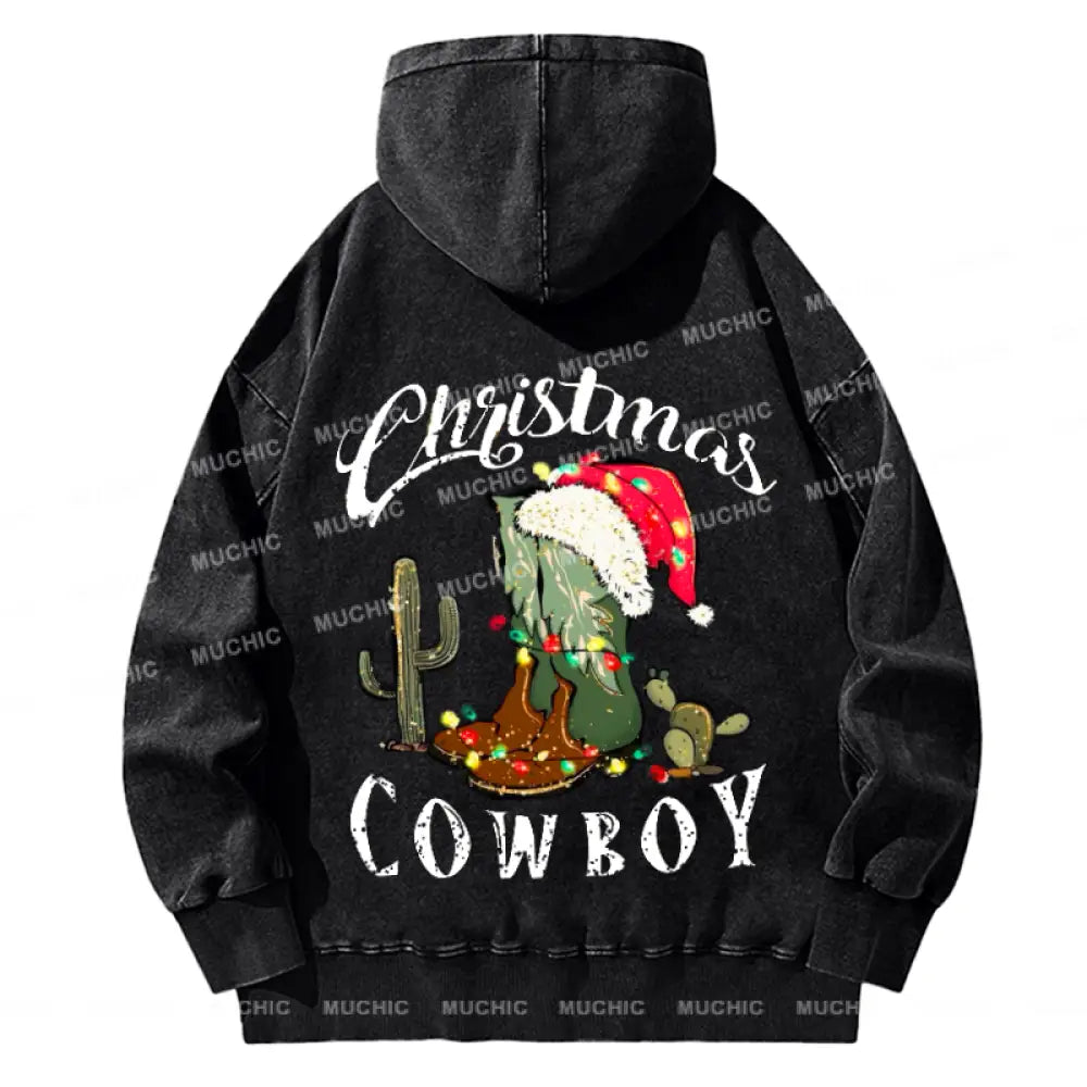 Muchic Christmas Cowboy Back Printed Unisex Casual Washed Plush Thickening Hoodie Sweatshirt Black