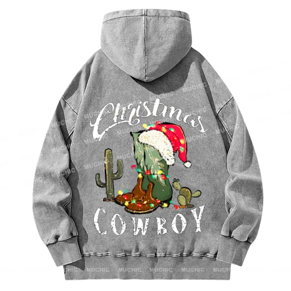 Muchic Christmas Cowboy Back Printed Unisex Casual Washed Plush Thickening Hoodie Sweatshirt Grey /