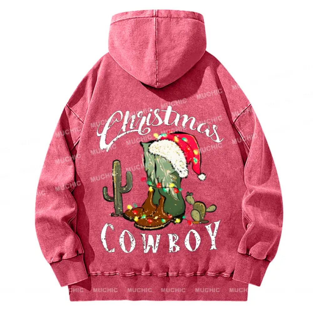 Muchic Christmas Cowboy Back Printed Unisex Casual Washed Plush Thickening Hoodie Sweatshirt