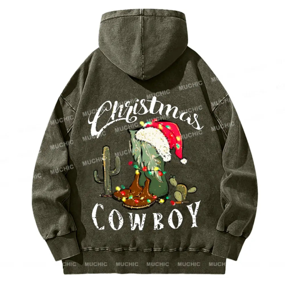 Muchic Christmas Cowboy Back Printed Unisex Casual Washed Plush Thickening Hoodie Sweatshirt Olive