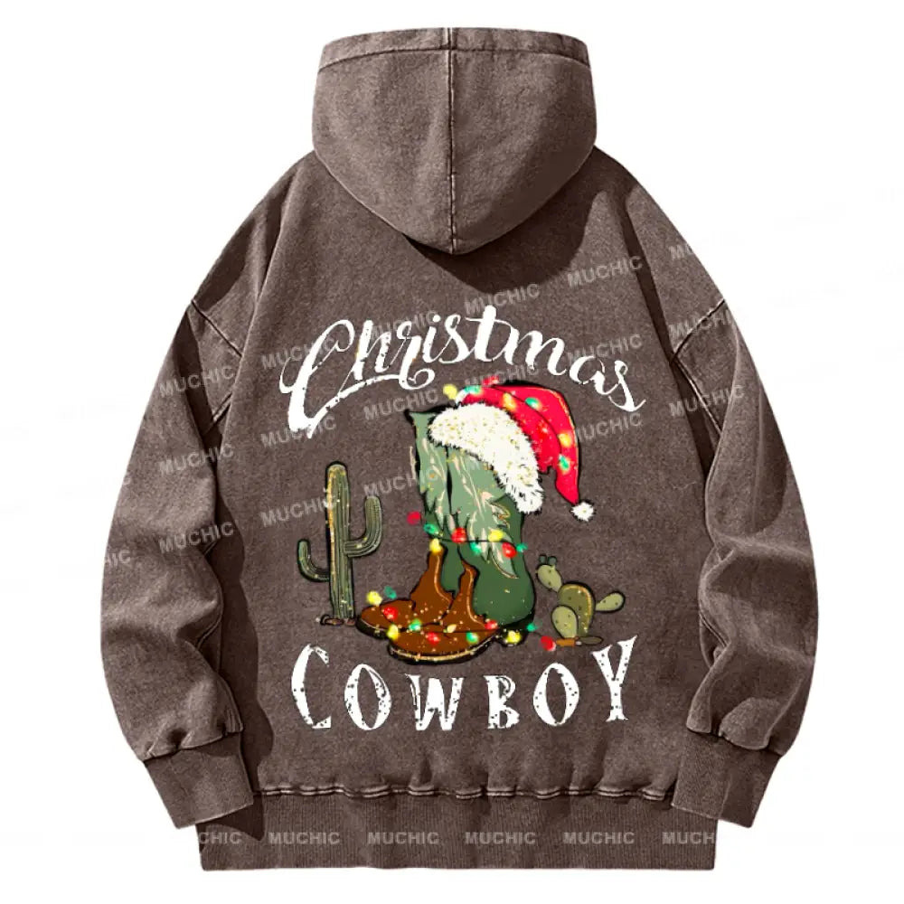 Muchic Christmas Cowboy Back Printed Unisex Casual Washed Plush Thickening Hoodie Sweatshirt Peru /