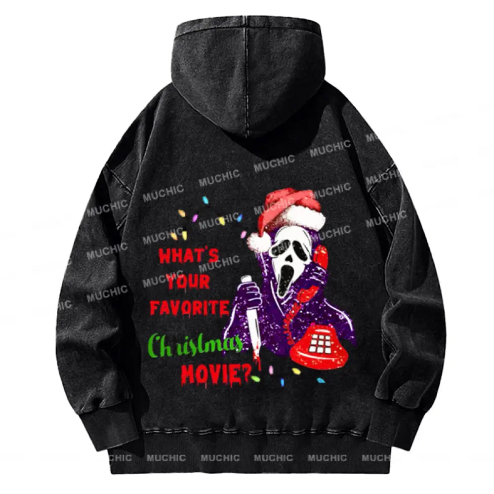 Muchic Christmas Movie Back Printed Unisex Casual Washed Plush Thickening Hoodie Sweatshirt Black /