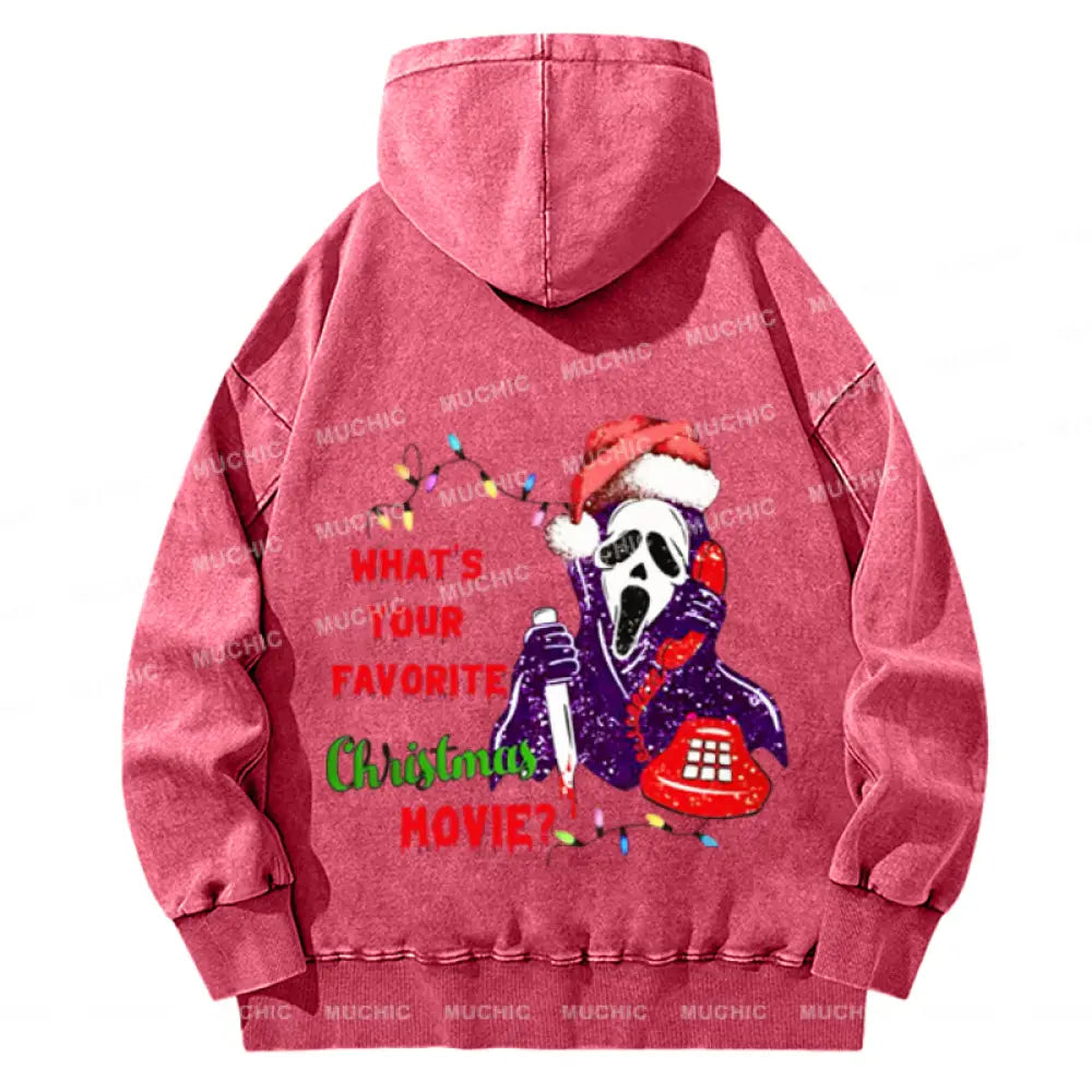 Muchic Christmas Movie Back Printed Unisex Casual Washed Plush Thickening Hoodie Sweatshirt Hotpink