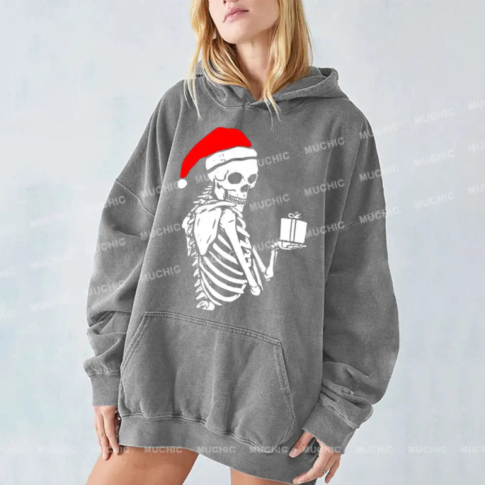 Muchic Christmas Skeleton Unisex Printed Casual Washed Plush Thickening Hoodie Sweatshirt