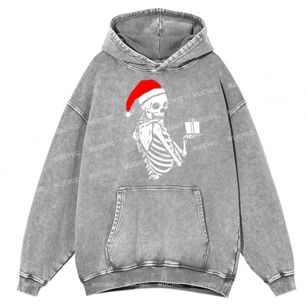 Muchic Christmas Skeleton Unisex Printed Casual Washed Plush Thickening Hoodie Sweatshirt Grey / M