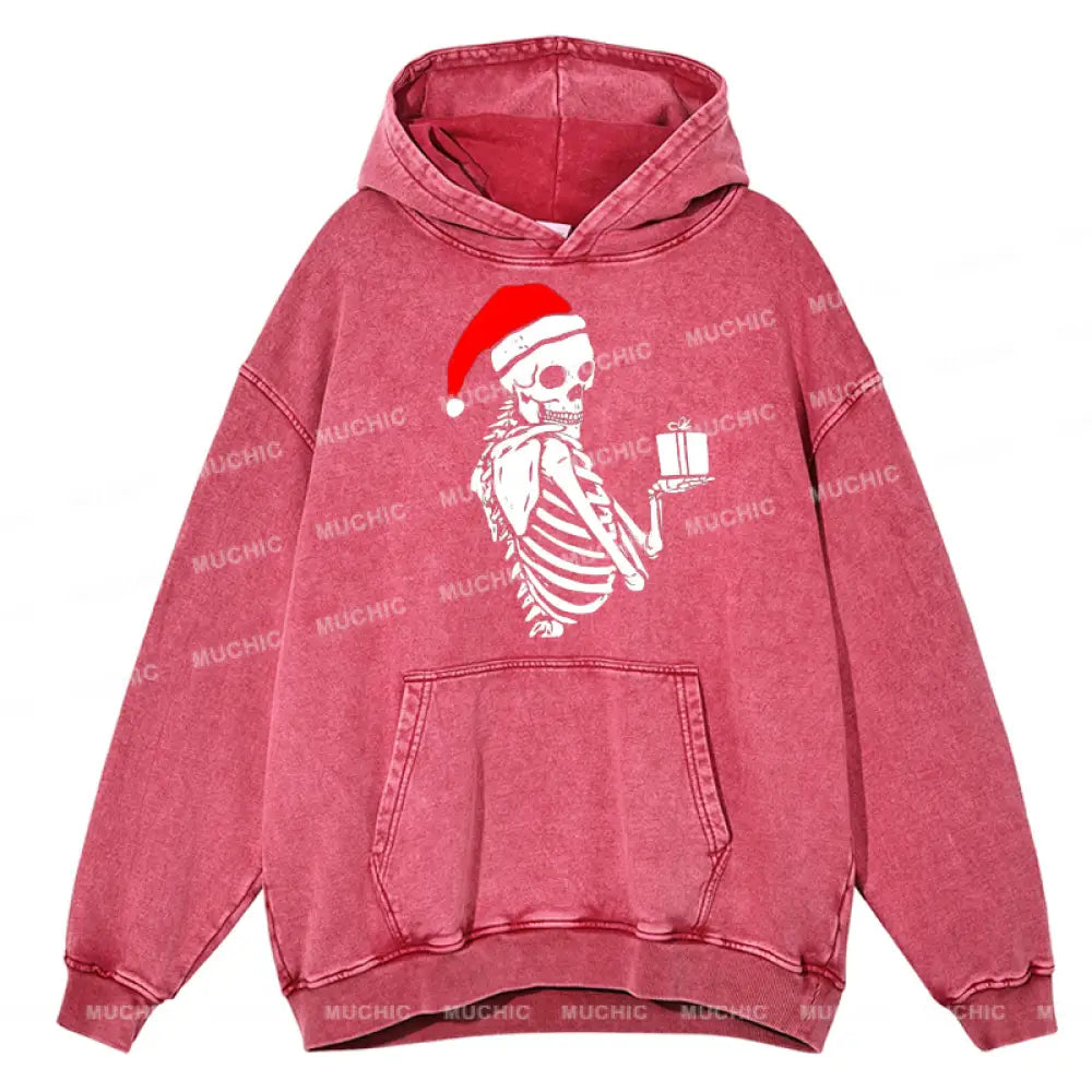 Muchic Christmas Skeleton Unisex Printed Casual Washed Plush Thickening Hoodie Sweatshirt Hotpink /