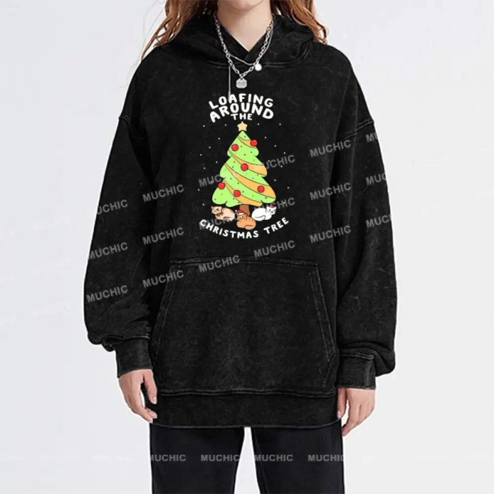 Muchic Christmas Tree Unisex Printed Casual Washed Plush Thickening Hoodie Sweatshirt