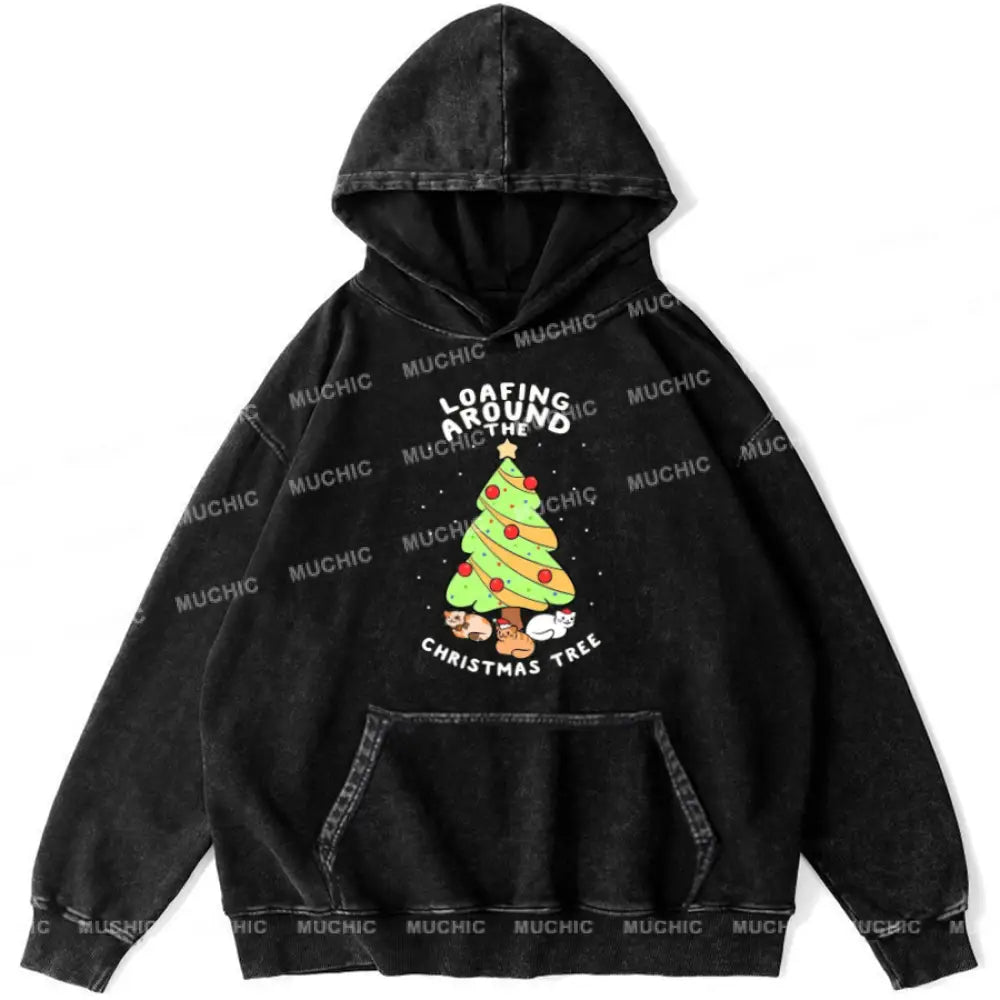 Muchic Christmas Tree Unisex Printed Casual Washed Plush Thickening Hoodie Sweatshirt Black / M