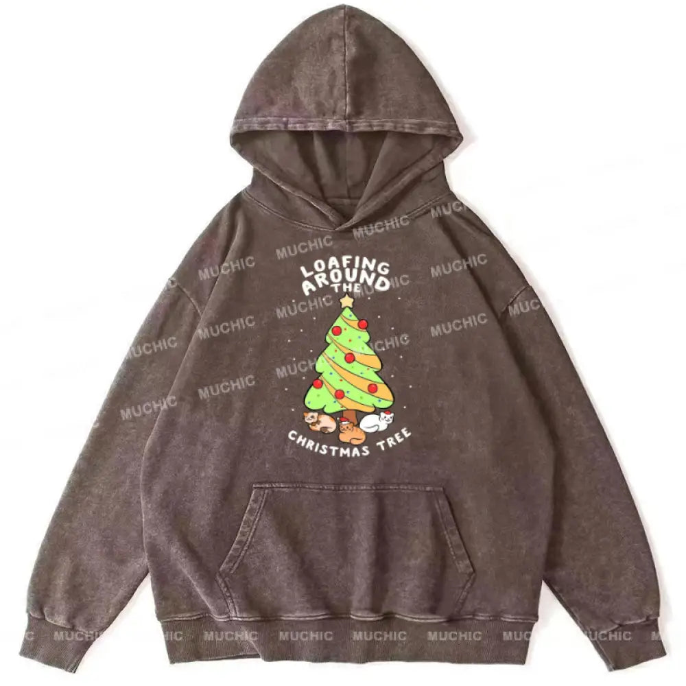 Muchic Christmas Tree Unisex Printed Casual Washed Plush Thickening Hoodie Sweatshirt Peru / M