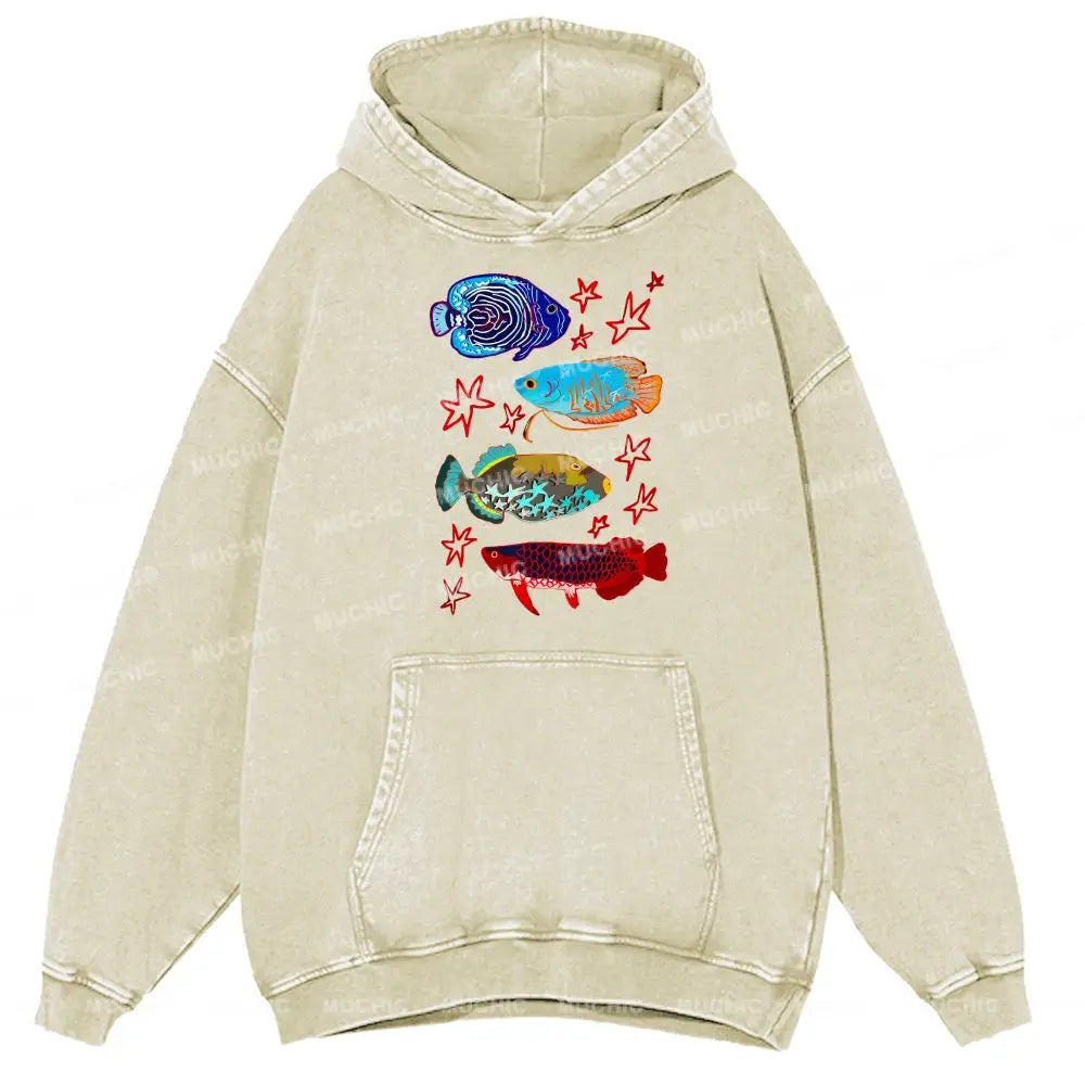 Cute Colorful Fish Unisex Printed Casual Washed Hoodie Sweatshirt Beige / M