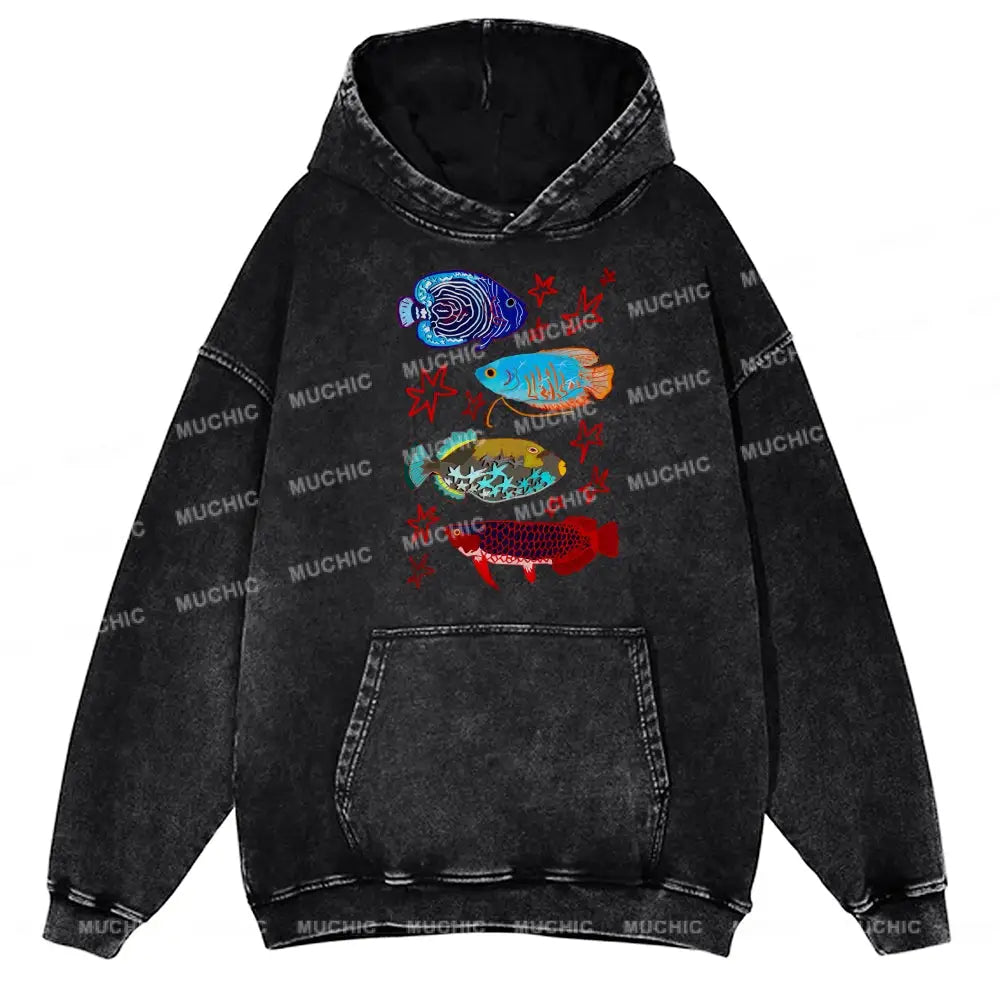 Cute Colorful Fish Unisex Printed Casual Washed Hoodie Sweatshirt Black / M