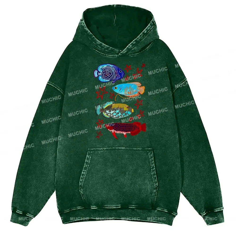 Cute Colorful Fish Unisex Printed Casual Washed Hoodie Sweatshirt Green / M