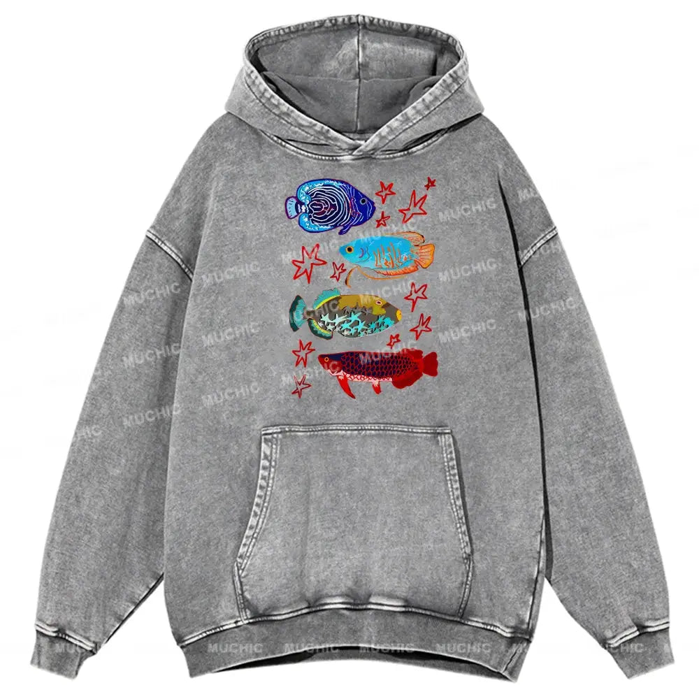 Cute Colorful Fish Unisex Printed Casual Washed Hoodie Sweatshirt Grey / M