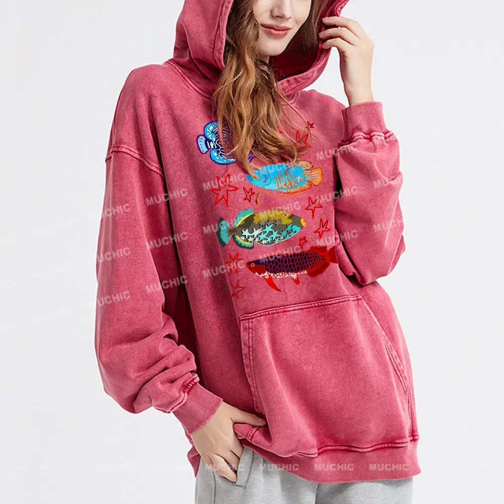 Cute Colorful Fish Unisex Printed Casual Washed Hoodie Sweatshirt