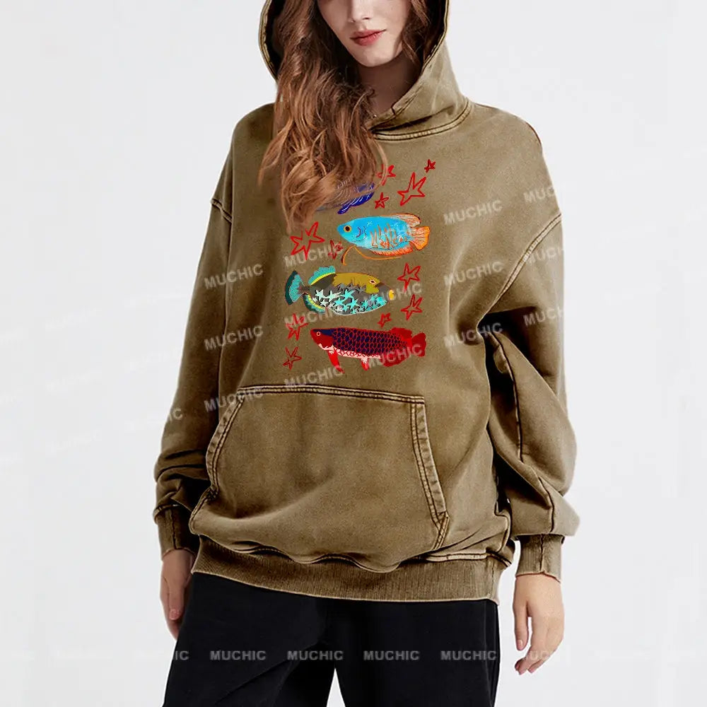 Cute Colorful Fish Unisex Printed Casual Washed Hoodie Sweatshirt