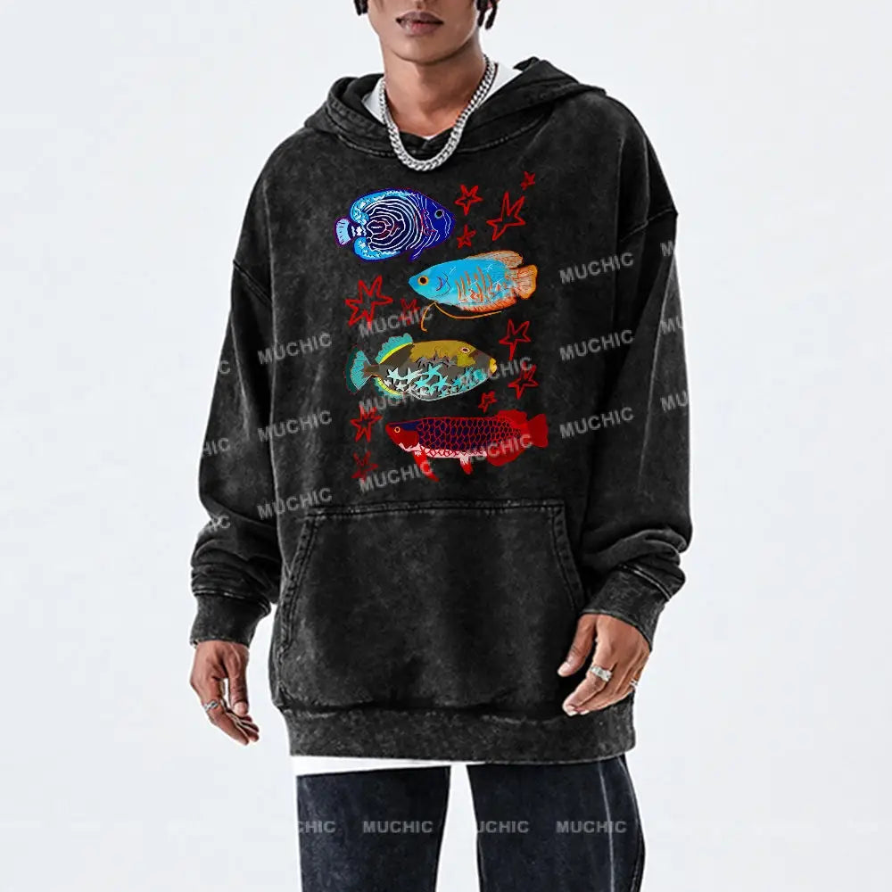 Cute Colorful Fish Unisex Printed Casual Washed Hoodie Sweatshirt