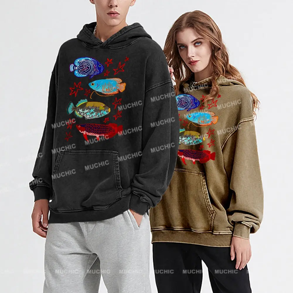 Cute Colorful Fish Unisex Printed Casual Washed Hoodie Sweatshirt