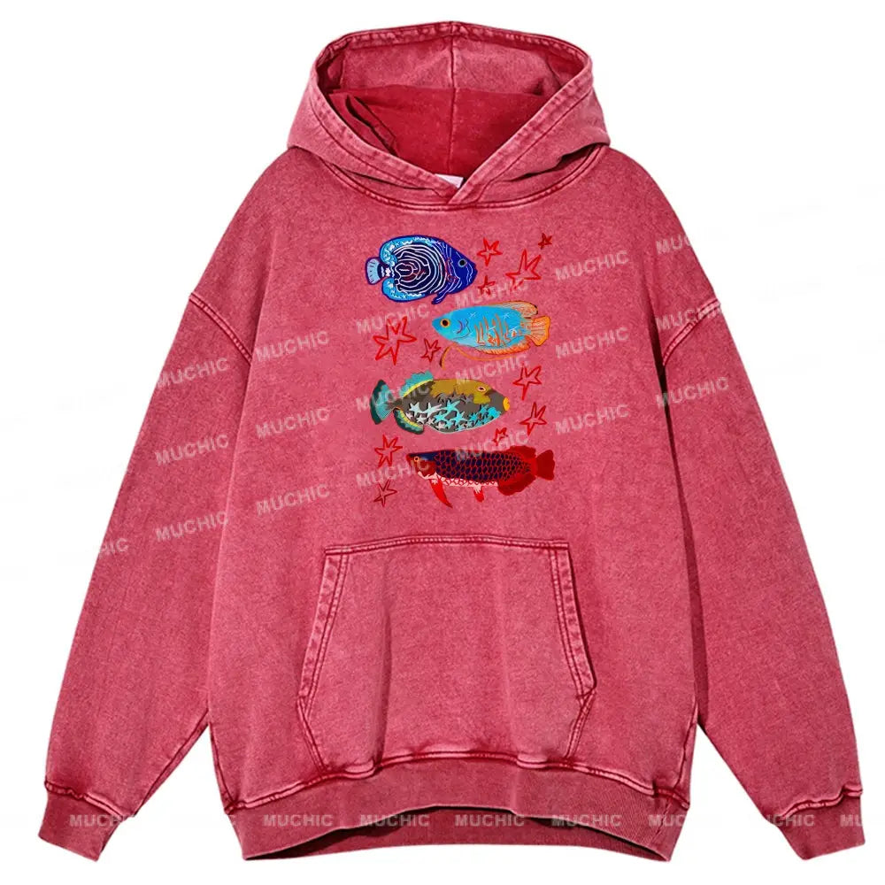 Cute Colorful Fish Unisex Printed Casual Washed Hoodie Sweatshirt Hotpink / M