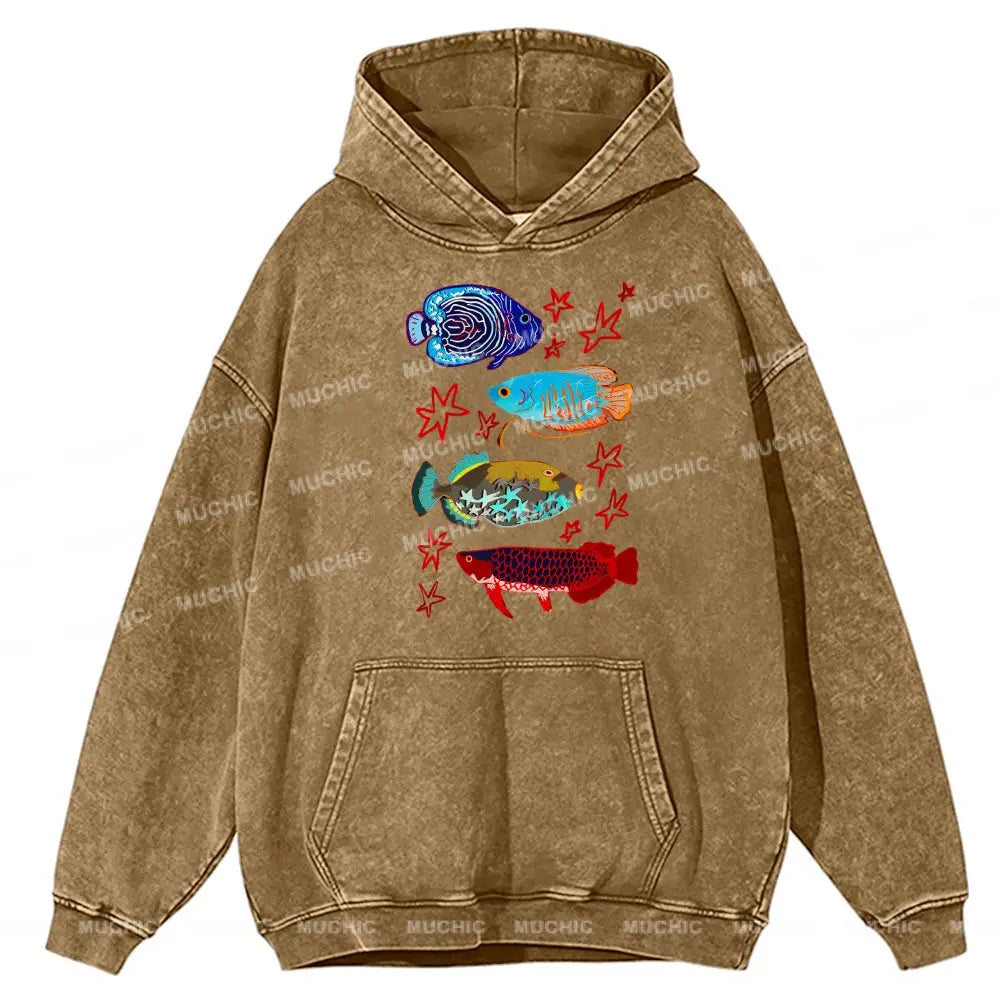 Cute Colorful Fish Unisex Printed Casual Washed Hoodie Sweatshirt Khaki / M