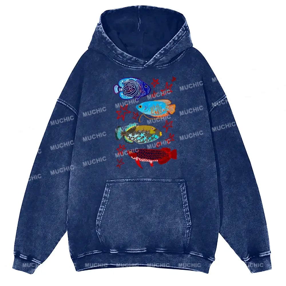 Cute Colorful Fish Unisex Printed Casual Washed Hoodie Sweatshirt Navy / M