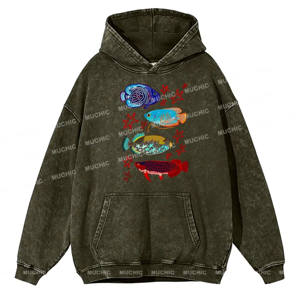 Cute Colorful Fish Unisex Printed Casual Washed Hoodie Sweatshirt Olive / M