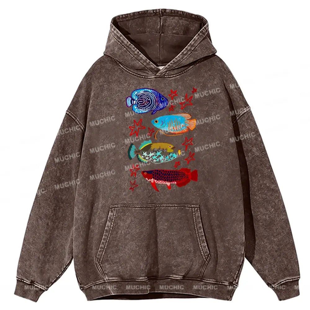 Cute Colorful Fish Unisex Printed Casual Washed Hoodie Sweatshirt Peru / M