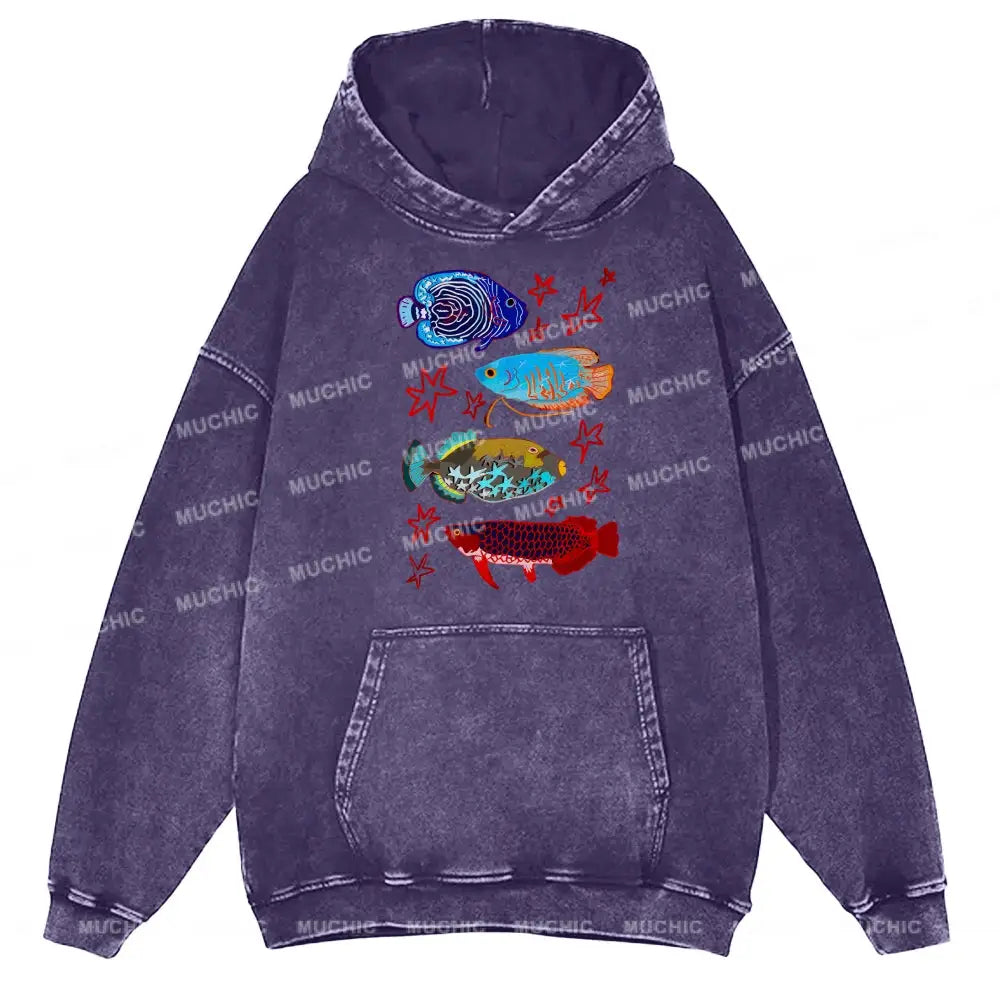 Cute Colorful Fish Unisex Printed Casual Washed Hoodie Sweatshirt Purple / M