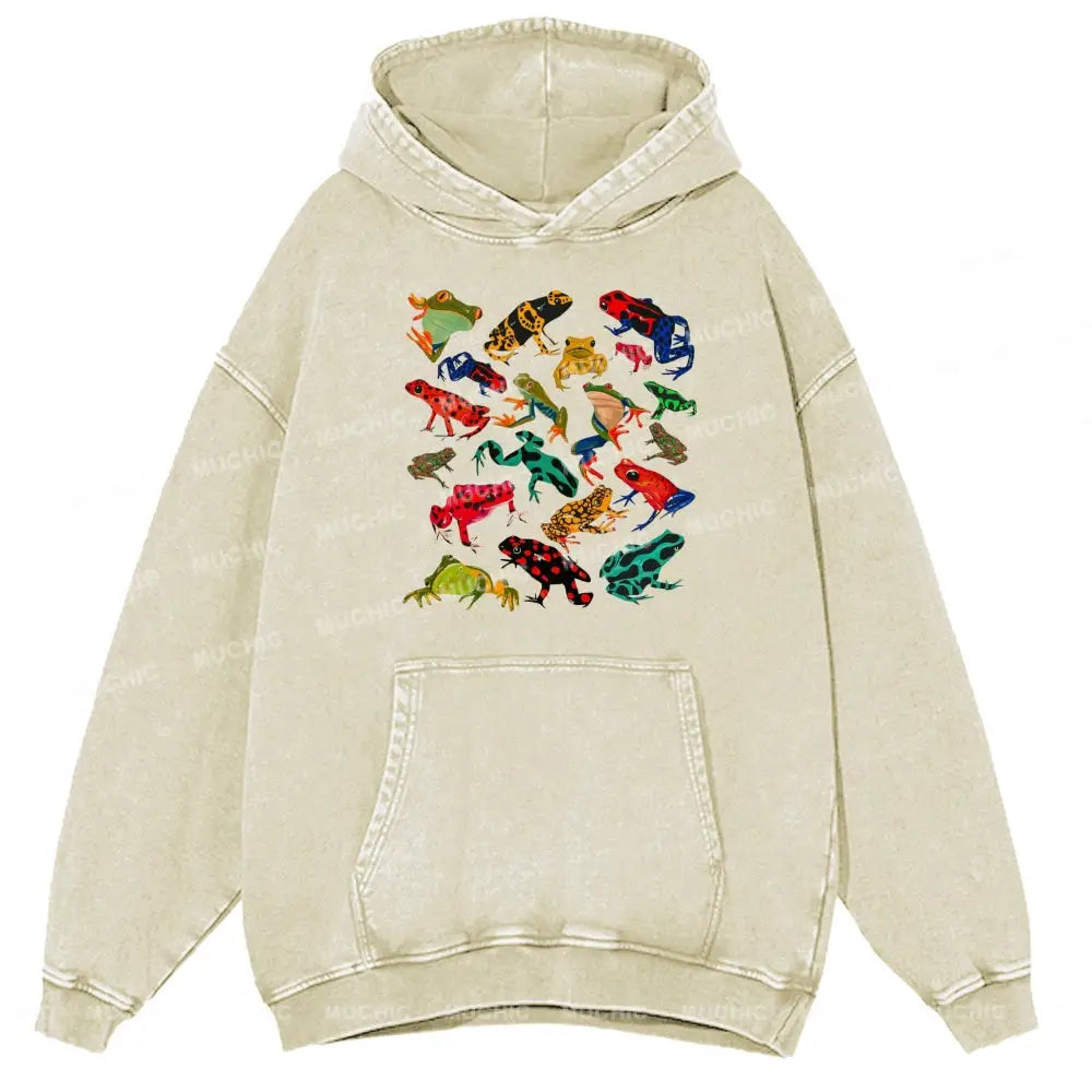 Cute Frog Unisex Printed Casual Washed Hoodie Sweatshirt Beige / M