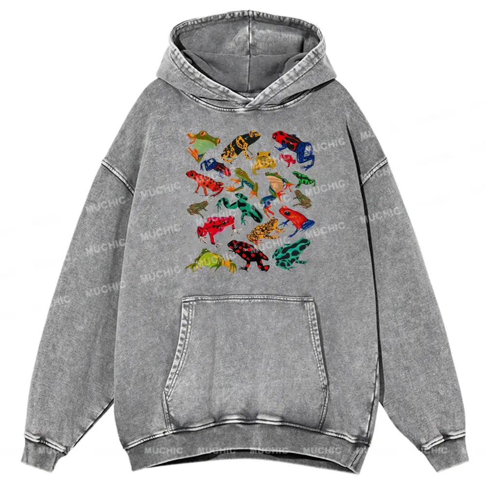 Cute Frog Unisex Printed Casual Washed Hoodie Sweatshirt Grey / M