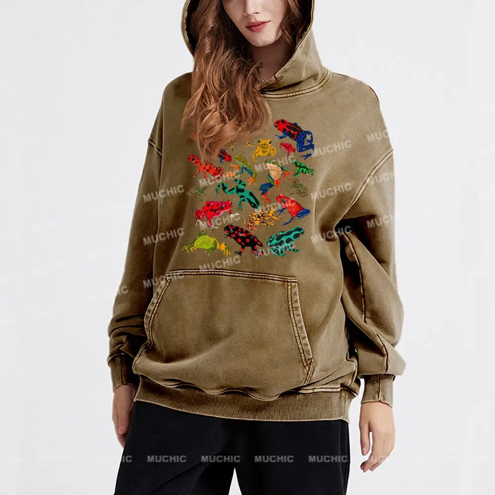 Cute Frog Unisex Printed Casual Washed Hoodie Sweatshirt