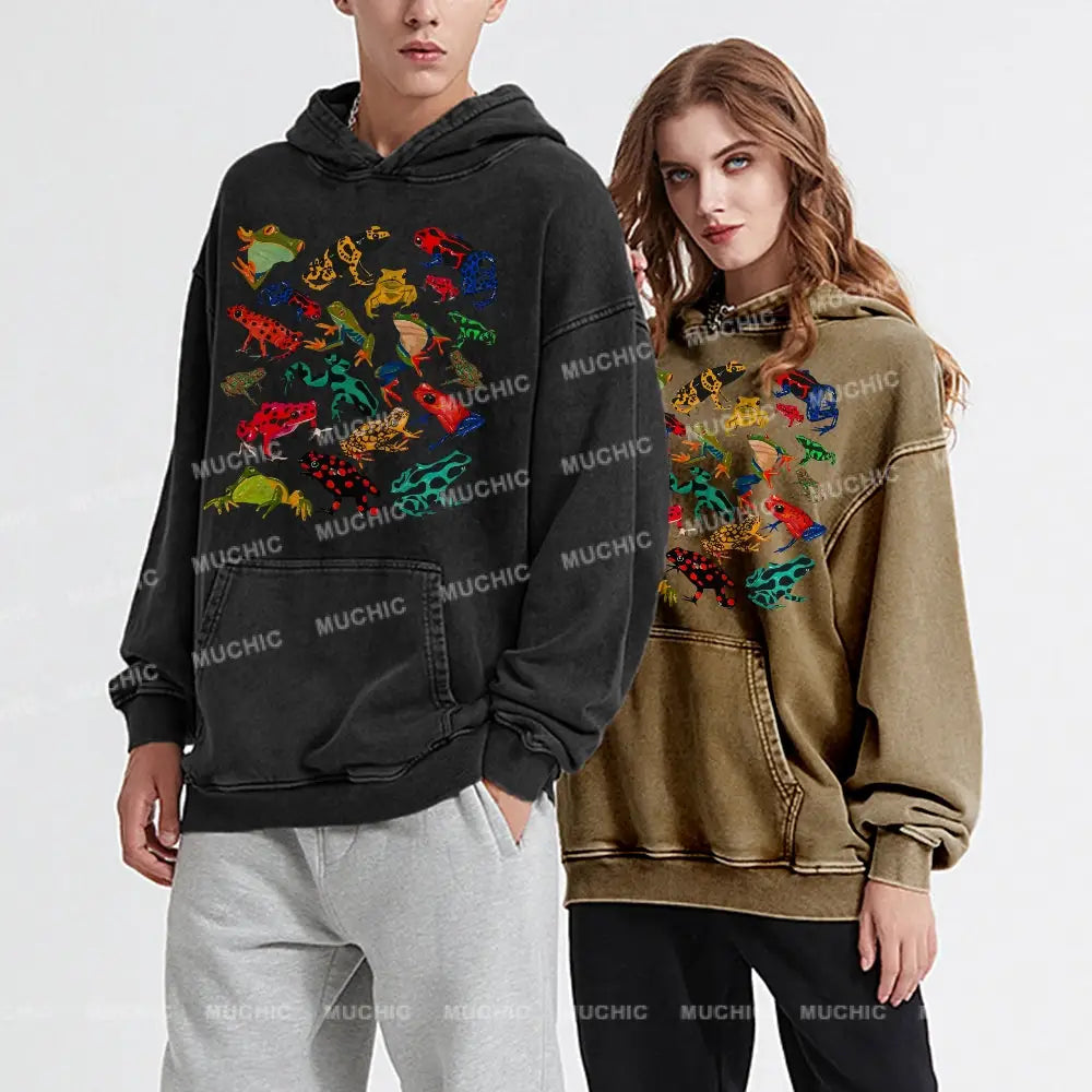 Cute Frog Unisex Printed Casual Washed Hoodie Sweatshirt