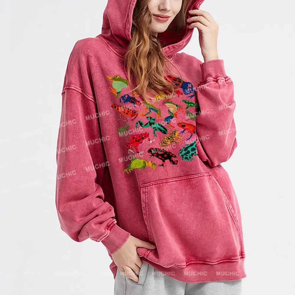 Cute Frog Unisex Printed Casual Washed Hoodie Sweatshirt