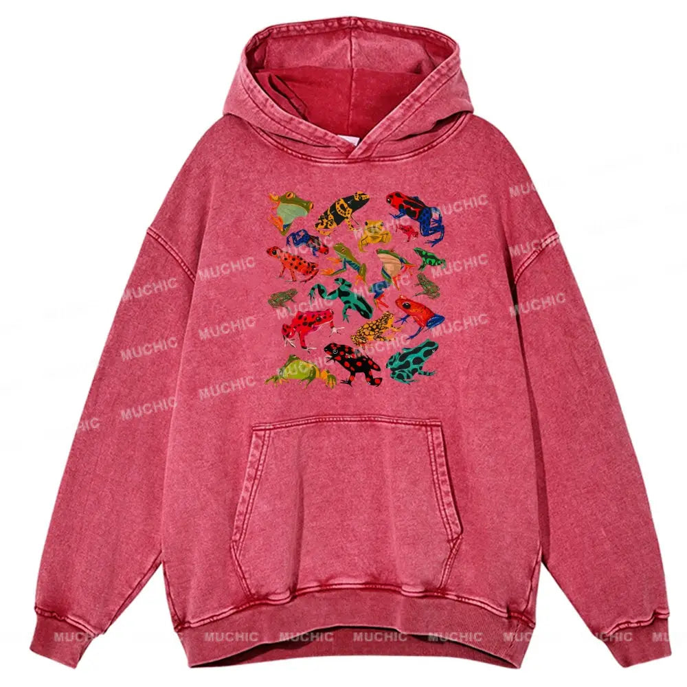 Cute Frog Unisex Printed Casual Washed Hoodie Sweatshirt Hotpink / M