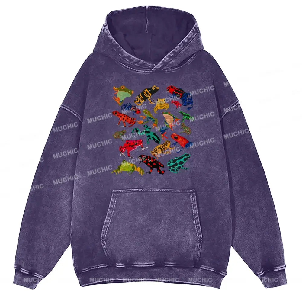 Cute Frog Unisex Printed Casual Washed Hoodie Sweatshirt Purple / M