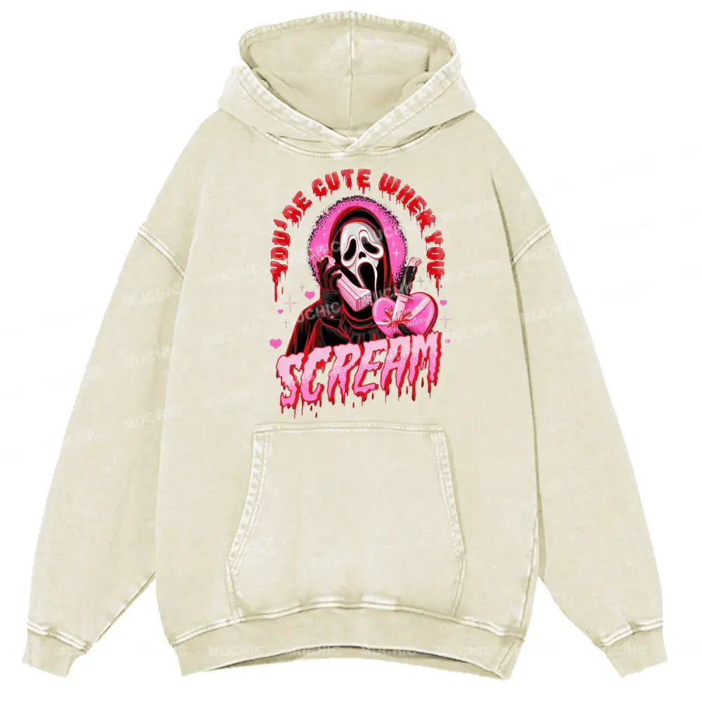 Cute Scream Unisex Printed Casual Washed Hoodie Sweatshirt Beige / M