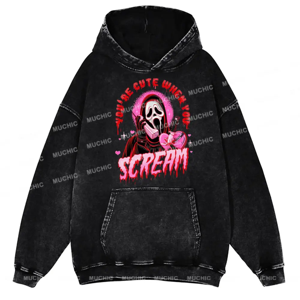 Cute Scream Unisex Printed Casual Washed Hoodie Sweatshirt Black / M