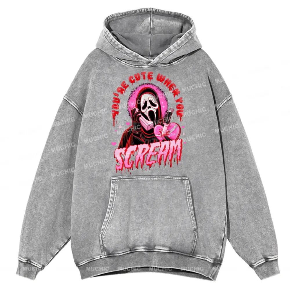 Cute Scream Unisex Printed Casual Washed Hoodie Sweatshirt Grey / M