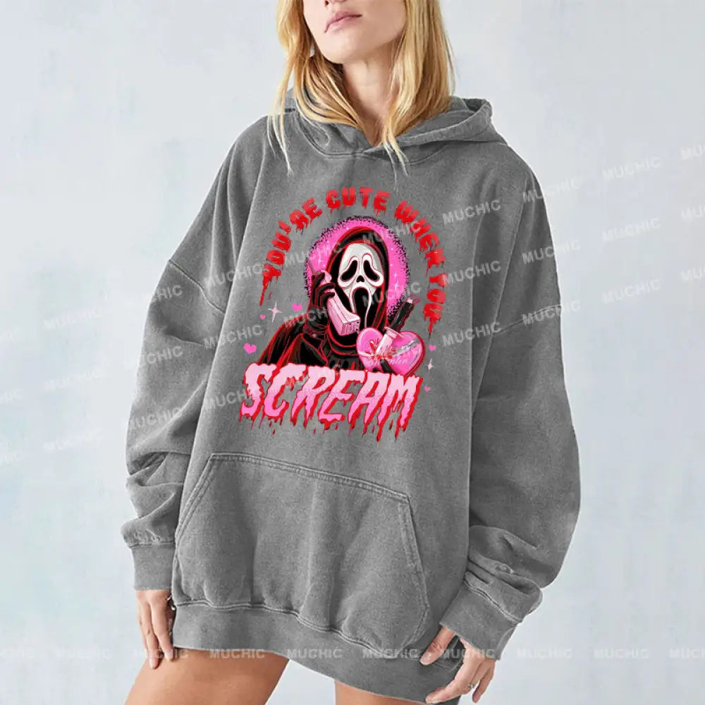 Cute Scream Unisex Printed Casual Washed Hoodie Sweatshirt